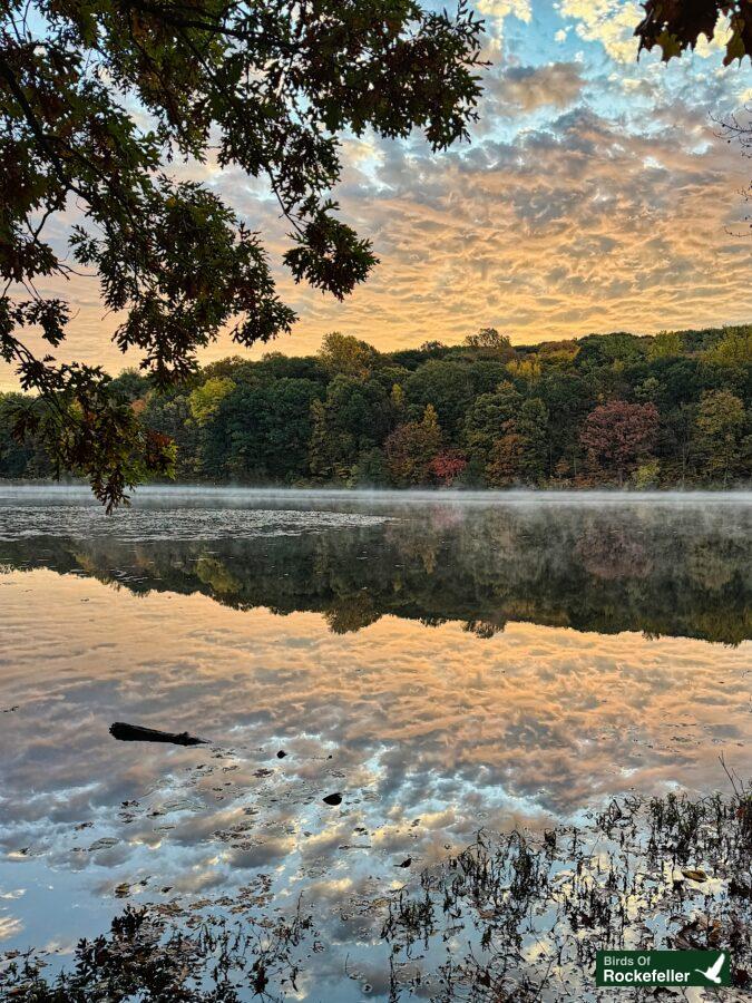 A lake is reflected in the mist at sunrise.