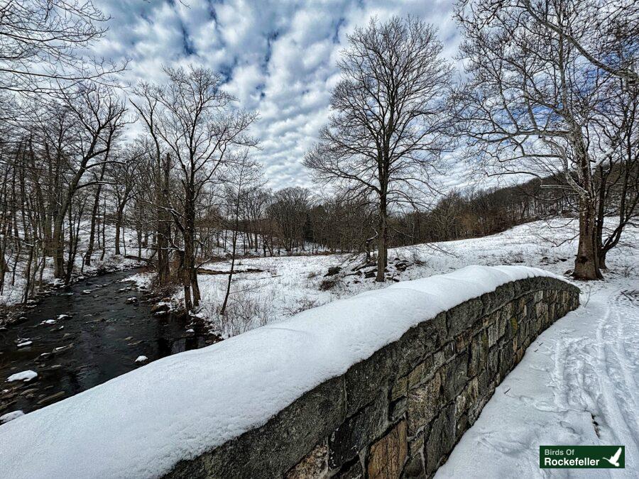 A stone bridge over a stream in the snow.