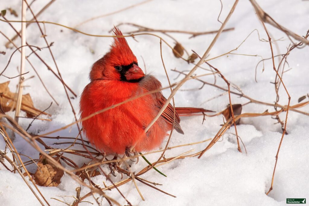 A red cardinal perched on snow-covered ground surrounded by dry twigs.