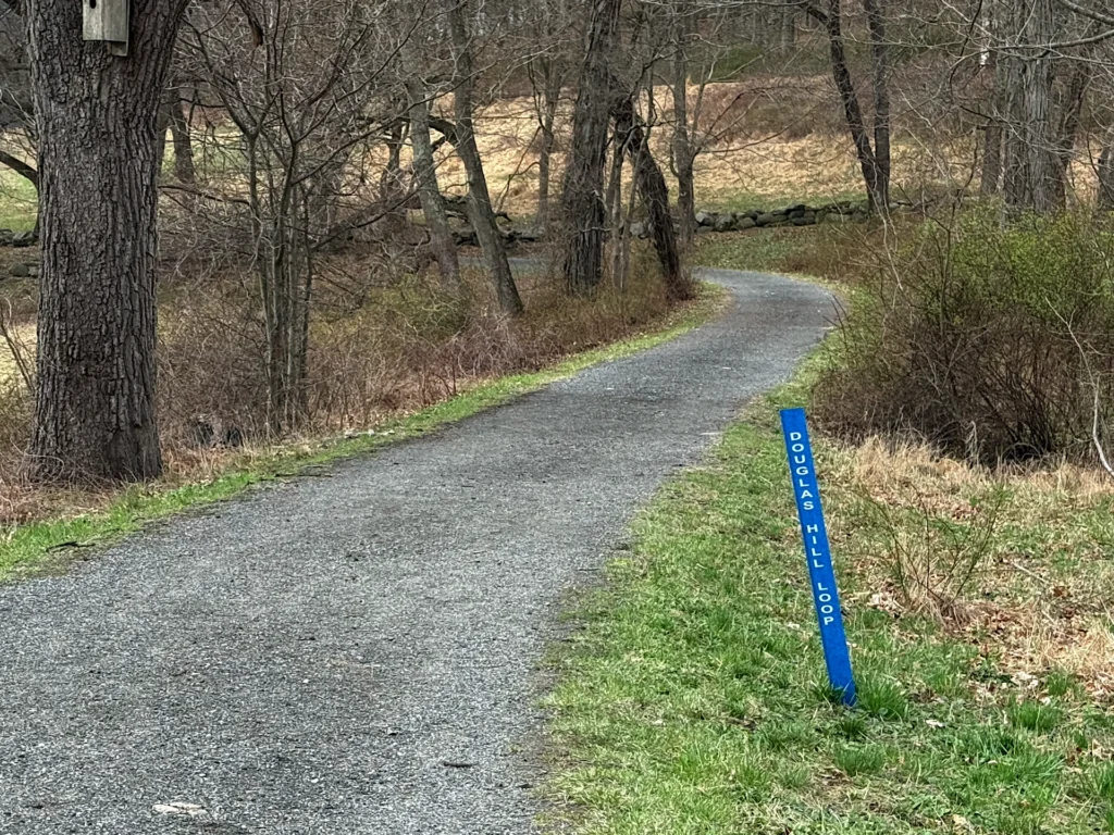 A winding gravel path through a wooded area with a blue trail marker on the right. Trees and sparse vegetation surround the path.