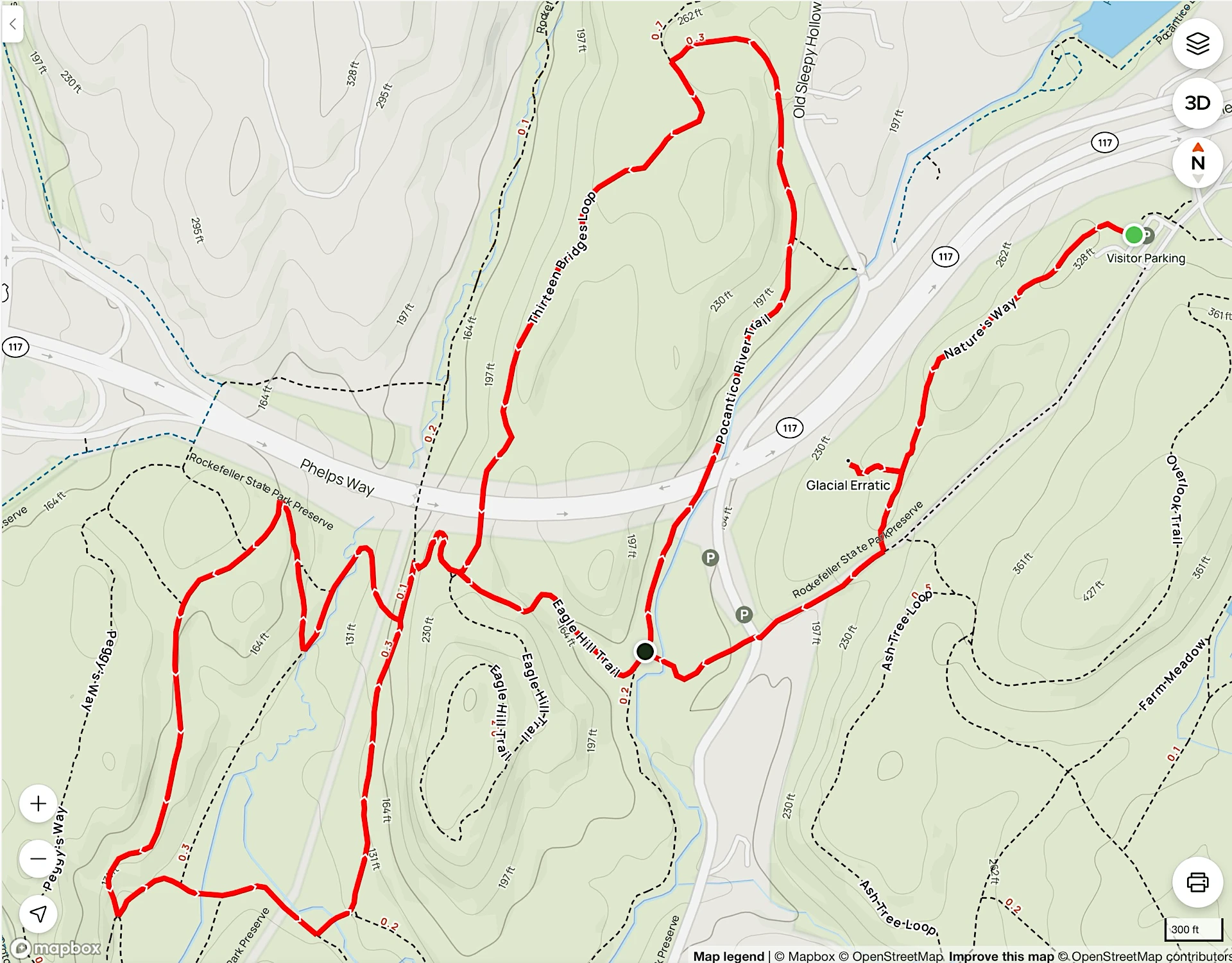 Shady Hike 1 at Rockefeller State Park Preserve1920 A topographic trail map with a red route line showing a looping hike through wooded terrain, crossing Phelps Way and passing locations like Glacial Erratic and Visitor Parking.