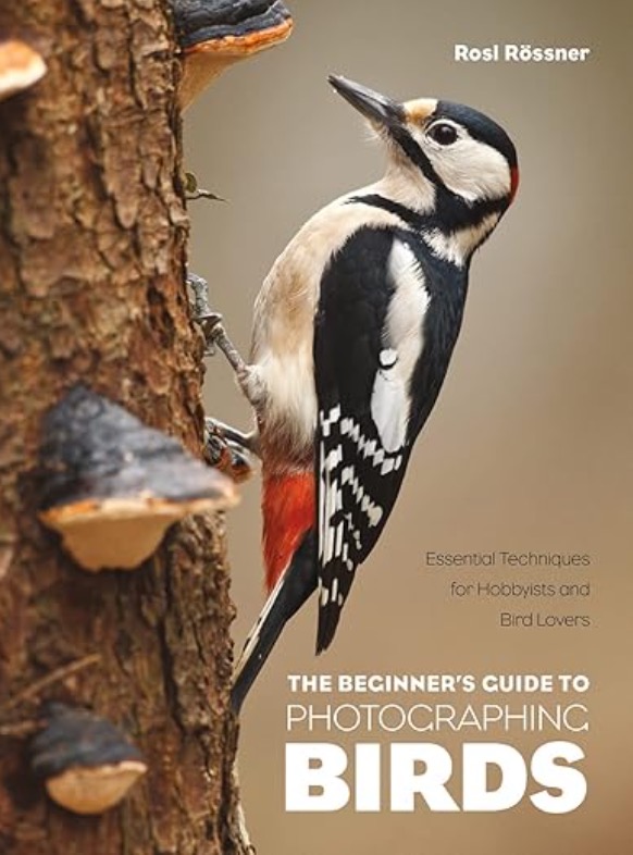 Beginning Bird Photography A woodpecker clings to a tree trunk covered in mushrooms. Book title: "The Beginner's Guide to Photographing Birds" by Rosl Rössner.