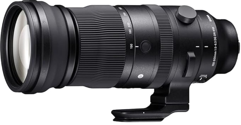 Sigma 150mm to 600mm Sport A black Sigma 150-600mm telephoto zoom camera lens with a tripod mount is shown against a white background.