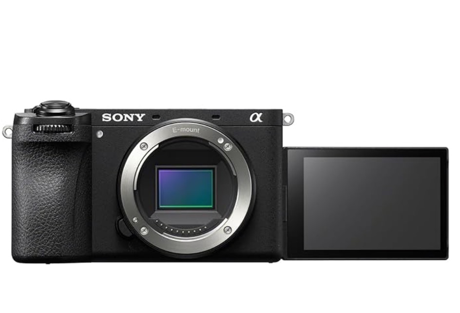 Sony a6700 A Sony Alpha mirrorless camera with its lens removed, showing the sensor, and its LCD screen flipped out to the side.